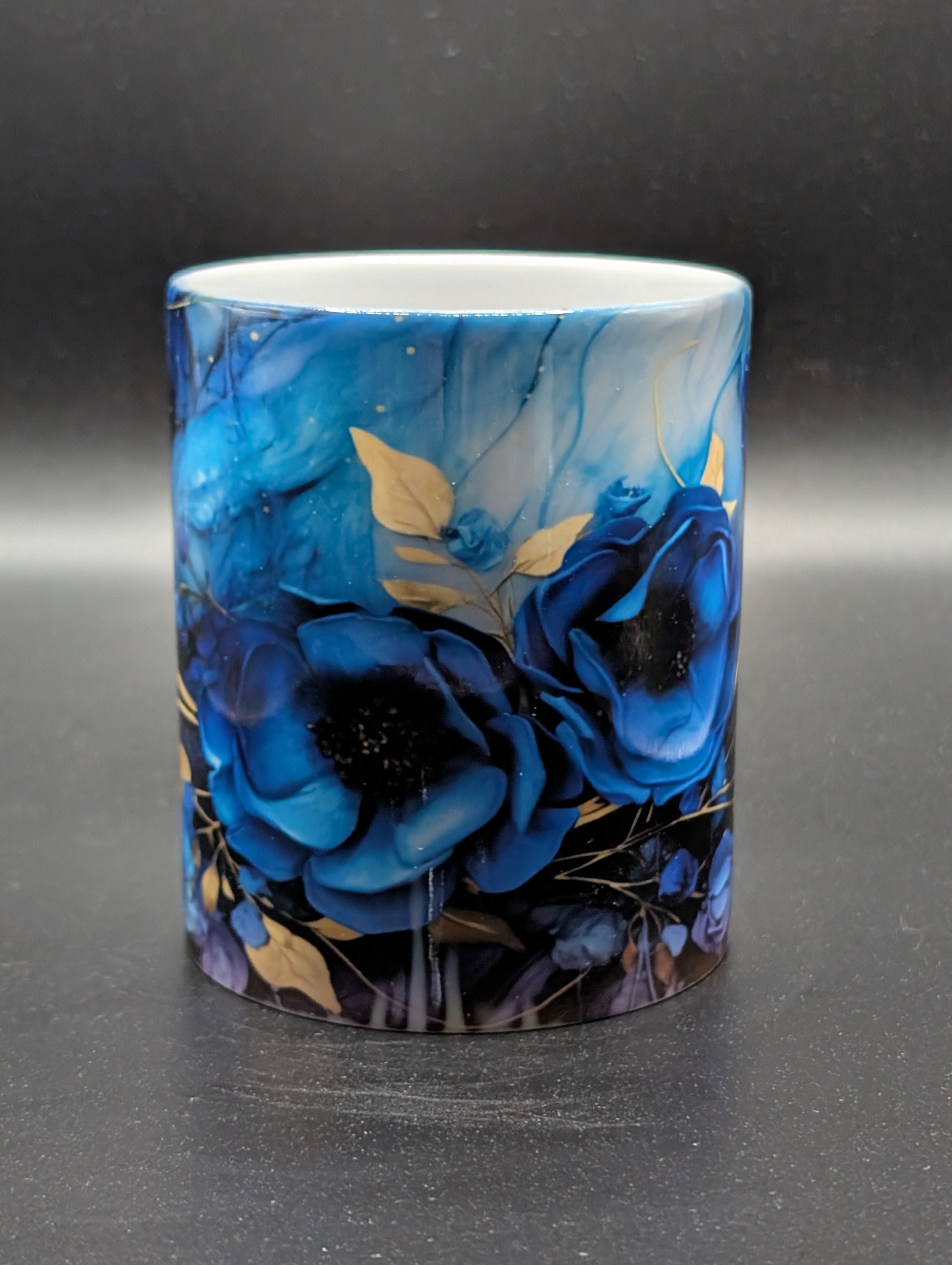12 oz Ceramic Mug – Blue Roses Design